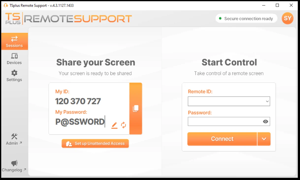 TSplus Remote Support 4.3 client: share your screen or start control